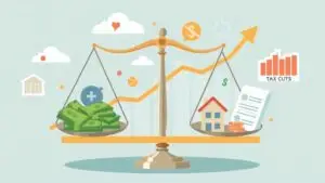 A balanced scale symbolizing economic policies and social welfare, with financial growth, tax cuts, and crisis management elements in a modern, professional setting.
