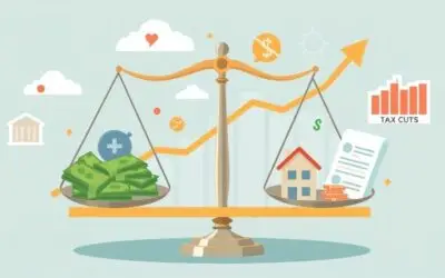 A balanced scale symbolizing economic policies and social welfare, with financial growth, tax cuts, and crisis management elements in a modern, professional setting.