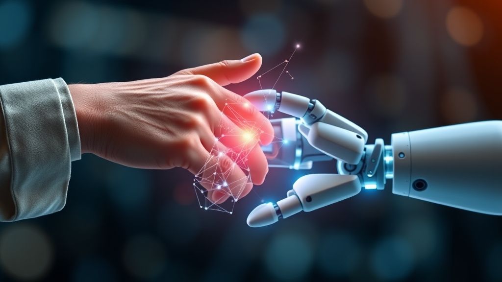 Human hand shaking a digital/robotic hand or co-creating something with AI