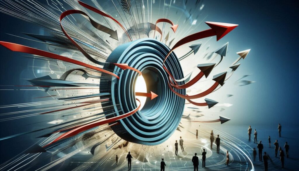 A dynamic image showing multiple arrows or paths converging towards a target, illustrating the ability of an agile business to change direction quickly and effectively in response to market changes. Alternatively, a flexible, flowing shape adapting to different surrounding forms.