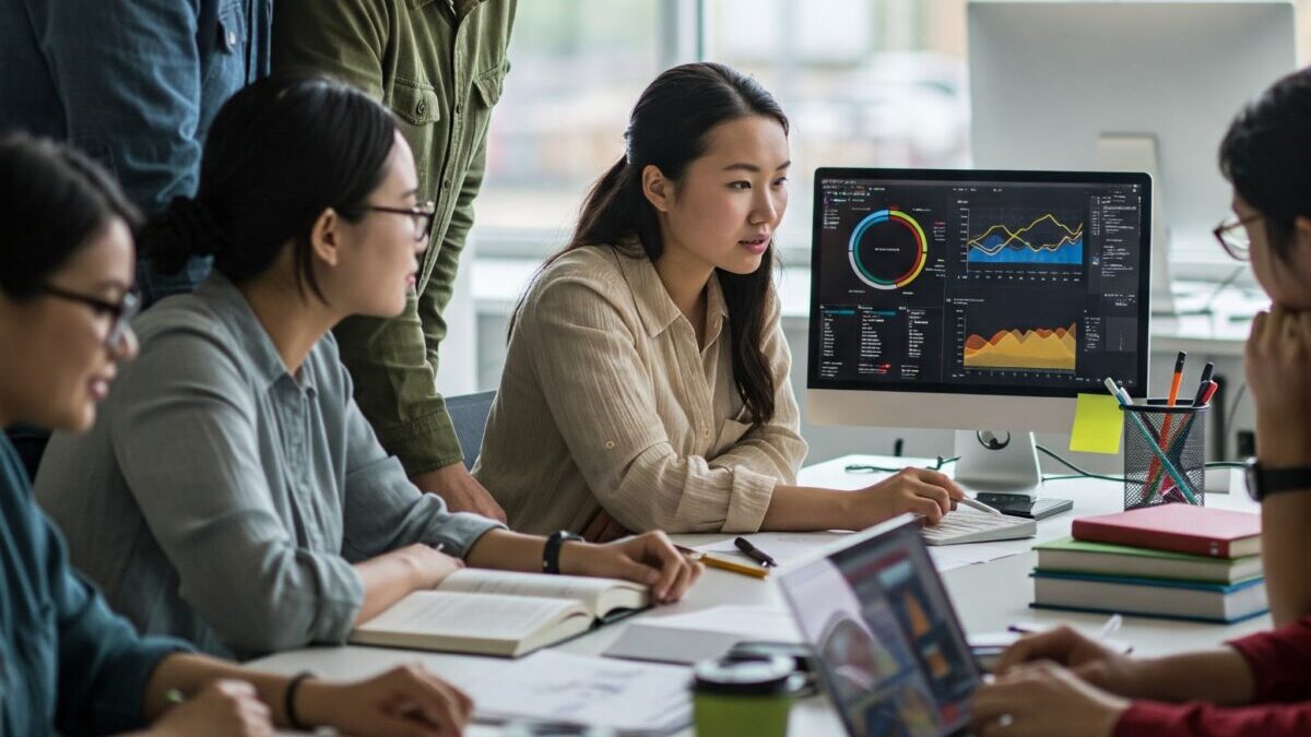 A group of professionals engaged in a learning and discussion session around a computer displaying data insights, emphasizing a collaborative and knowledge-sharing environment.