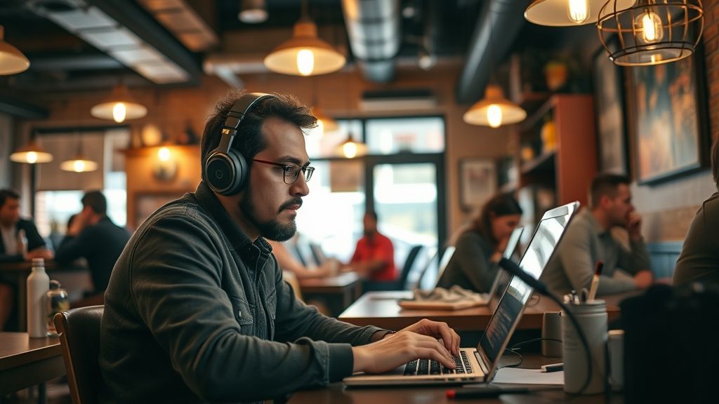 Digital nomad working in a noisy café struggling to focus