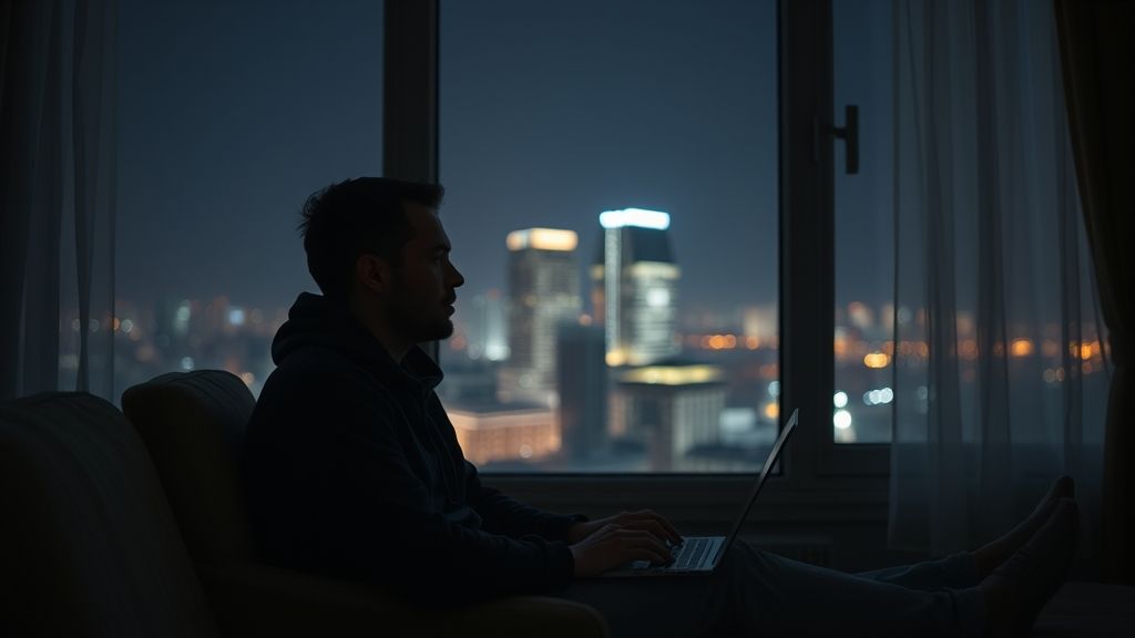 Lonely digital nomad in a luxury apartment, staring out the window