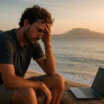 A remote worker experiencing digital nomad burnout, highlighting the mental health struggles and hidden reality behind the remote work lifestyle.