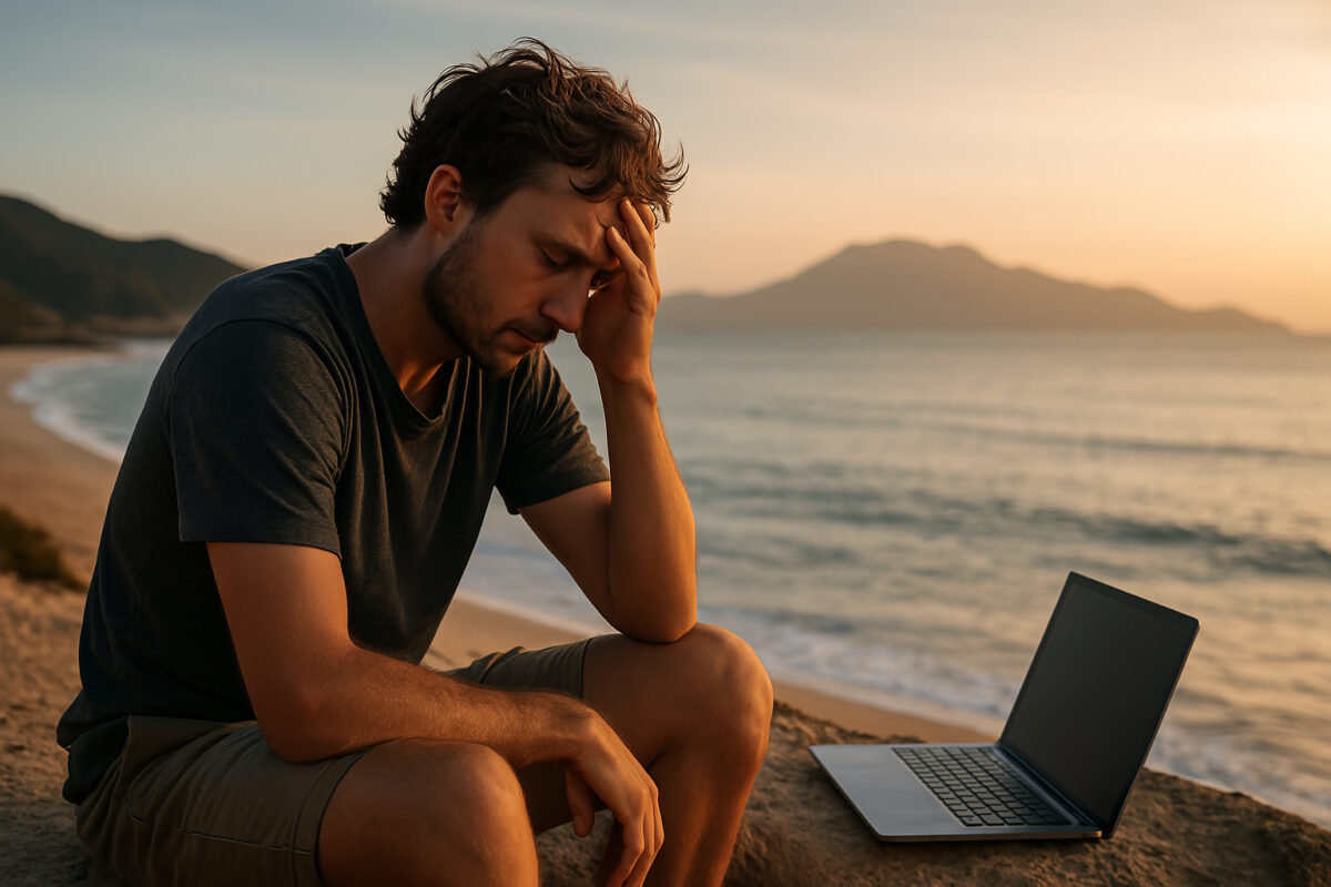 A remote worker experiencing digital nomad burnout, highlighting the mental health struggles and hidden reality behind the remote work lifestyle.