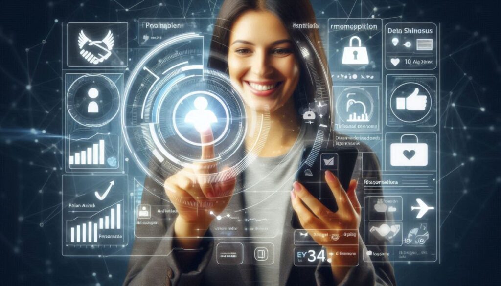 A split image or a layered composition showing a happy customer interacting seamlessly with a digital interface (e.g., a clean, intuitive app on a phone) alongside data streams and personalized elements like tailored recommendations or greetings.