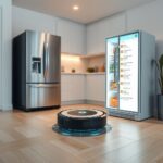 Roomba-style vacuum mapping a home or AI refrigerator screen suggesting grocery list