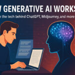 A visual split-screen showing how generative AI works with a human on one side and an AI creating text, art, or code on the other