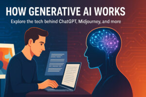 A visual split-screen showing how generative AI works with a human on one side and an AI creating text, art, or code on the other