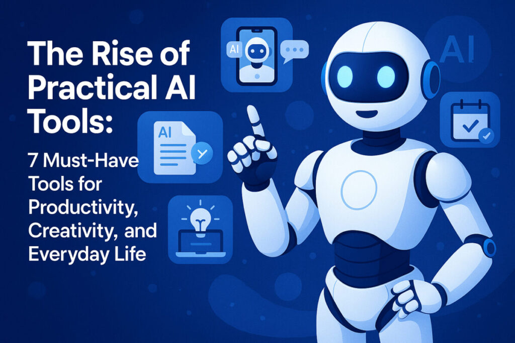 Digital illustration showing practical AI tools enhancing productivity, creativity, and everyday life, including AI writing assistants, creative apps, and smart personal assistants.