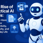 Digital illustration showing practical AI tools enhancing productivity, creativity, and everyday life, including AI writing assistants, creative apps, and smart personal assistants.