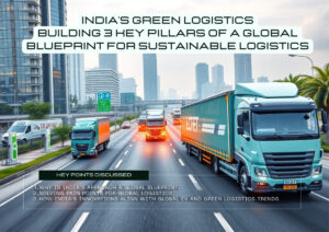 Revolutionary India’s Green Logistics: Building 3 Key Pillars of a Global Blueprint for Sustainable Logistics Electric trucks and low-emission vehicles on a modern city highway, representing India's green logistics revolution and sustainable transport.