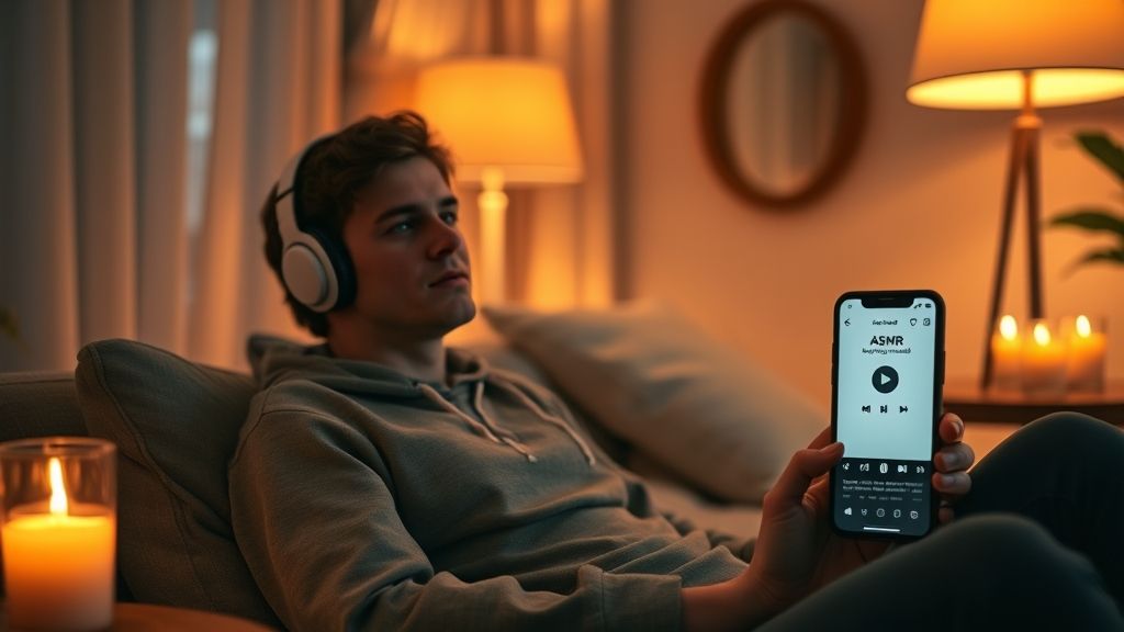 Person enjoying ASMR for stress relief. Millions now turn to ASMR as a daily ritual for peace and sleep. Shows the personal comfort and emotional escape ASMR provides in modern life.