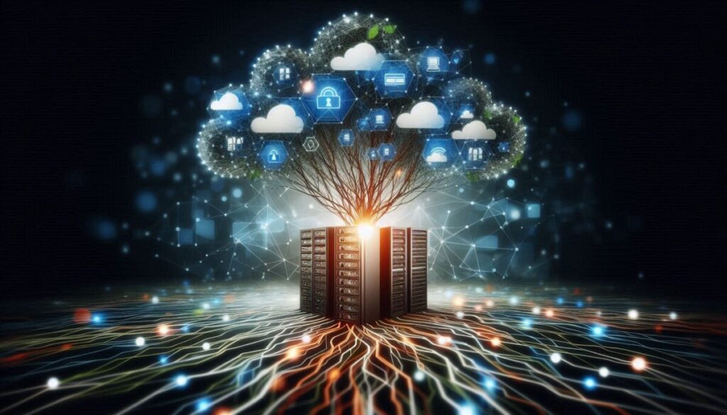 An abstract visual representing a strong, interconnected network of digital nodes or servers expanding seamlessly, like a growing tree with deep roots. Could incorporate cloud icons and security symbols to convey scalability and resilience.