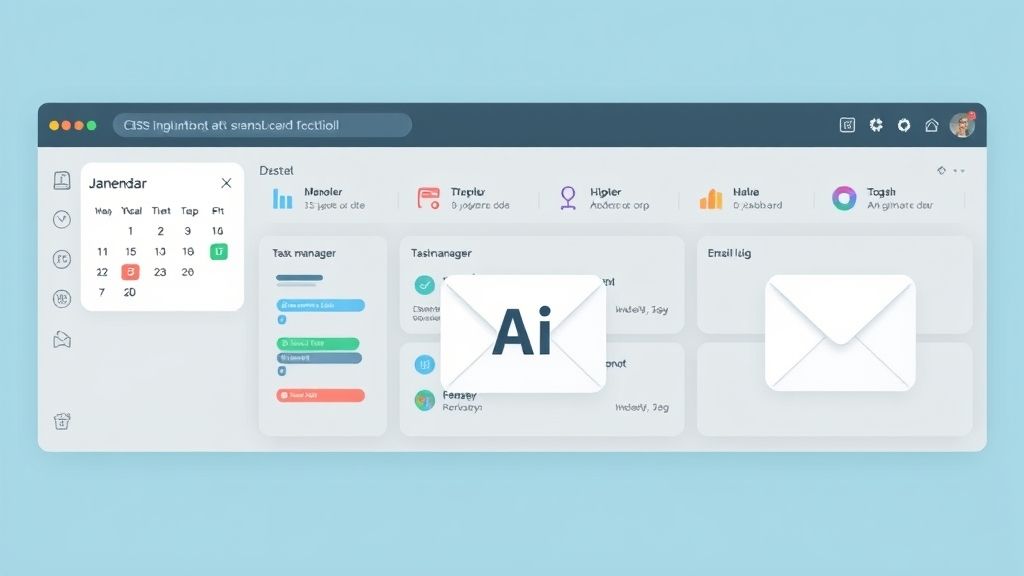 A dashboard-style mockup of a smart productivity tool (e.g., calendar + task manager + email icons with “AI” label).