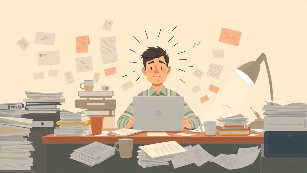 Solo entrepreneur overwhelmed with work before using AI tools for business automation