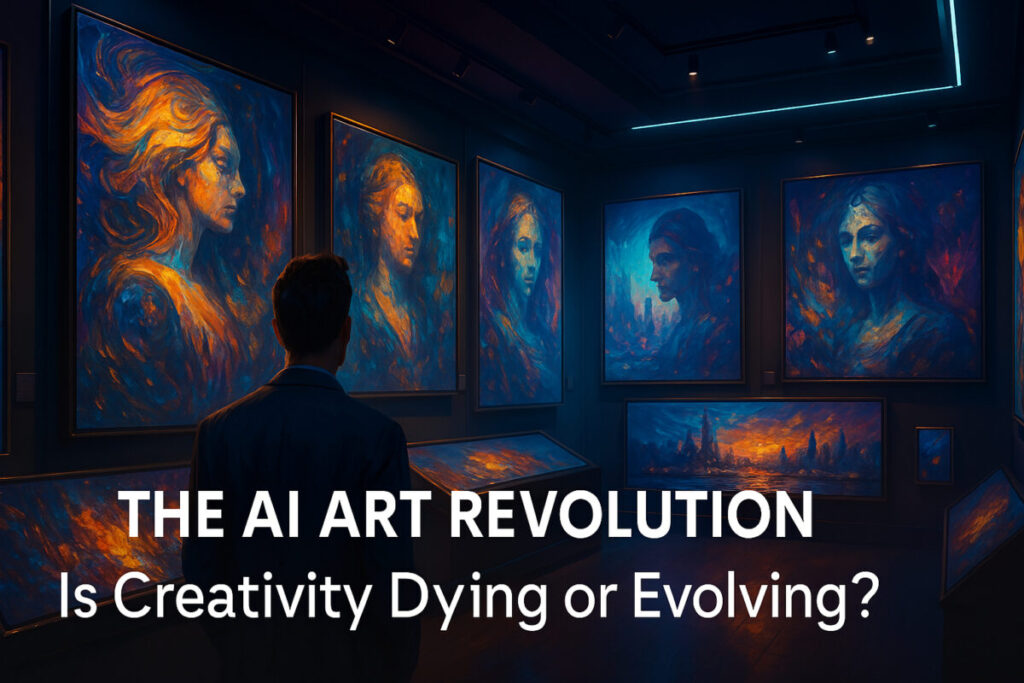 A stunning digital artwork representing the intersection of human creativity and artificial intelligence, featuring vibrant, futuristic elements that symbolize the rise of AI-generated art.