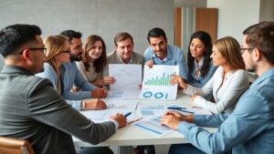 The Power of Diversification: A diverse group of investors discussing wealth strategies and diversified stability, analyzing charts and graphs to make informed investment decisions.