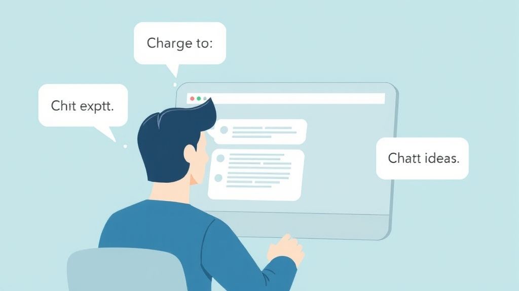 A clean, modern illustration or graphic showing a person using an AI writing assistant (e.g., ChatGPT on screen, thought bubbles with text ideas floating).