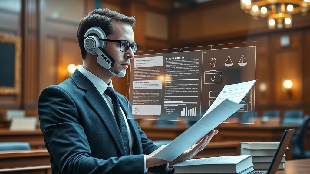 A futuristic AI-powered legal assistant in a courtroom or office setting, reviewing legal documents on a holographic interface. Blend classical legal elements (gavel, law books) with high-tech visuals (digital screens, AI avatars)