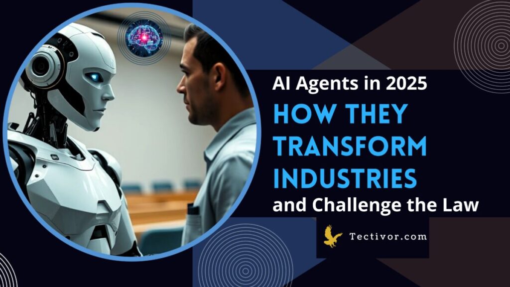 Illustration of AI agents in 2025 revolutionizing healthcare, law, and finance with autonomous AI systems