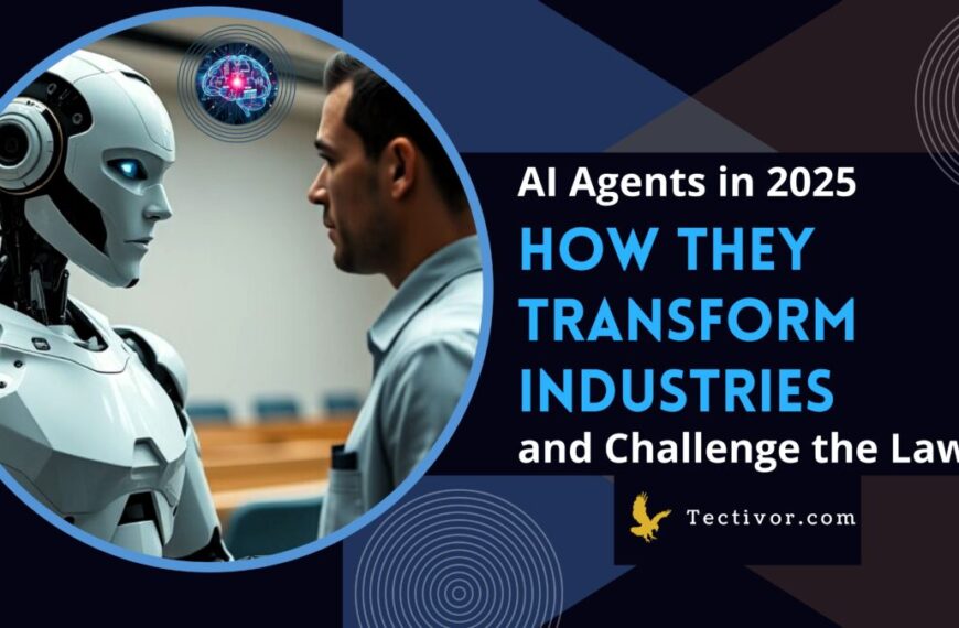Illustration of AI agents in 2025 revolutionizing healthcare, law, and finance with autonomous AI systems