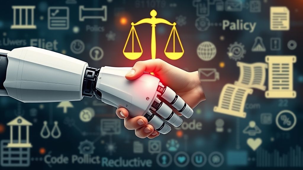 An abstract illustration showing AI and government regulation—robot hand shaking hands with a human in front of a backdrop with digital law symbols, like balance scales, codes, and policy scrolls.