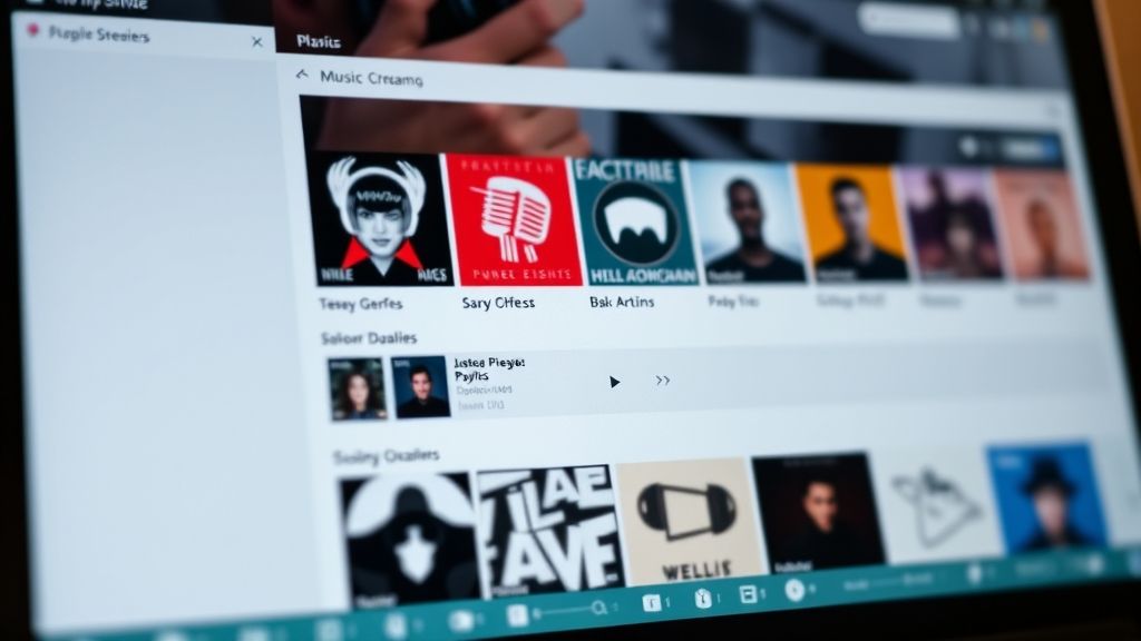 This image is a close-up shot of a laptop screen displaying a music streaming service interface with the words "Behind the Beat: The Algorithms Personalizing Our Playlists" prominently featured. The screen displays various music genres and artists, and the playlist queue is highlighted.