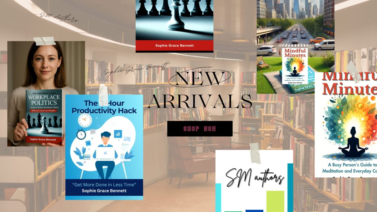 Personal Growth Books, Self-Improvement Guide, Productivity Hacks, Workplace Success Tips, Mindset and Motivation. Flat lay image of personal development books with office essentials, representing productivity, mindset, and workplace success.