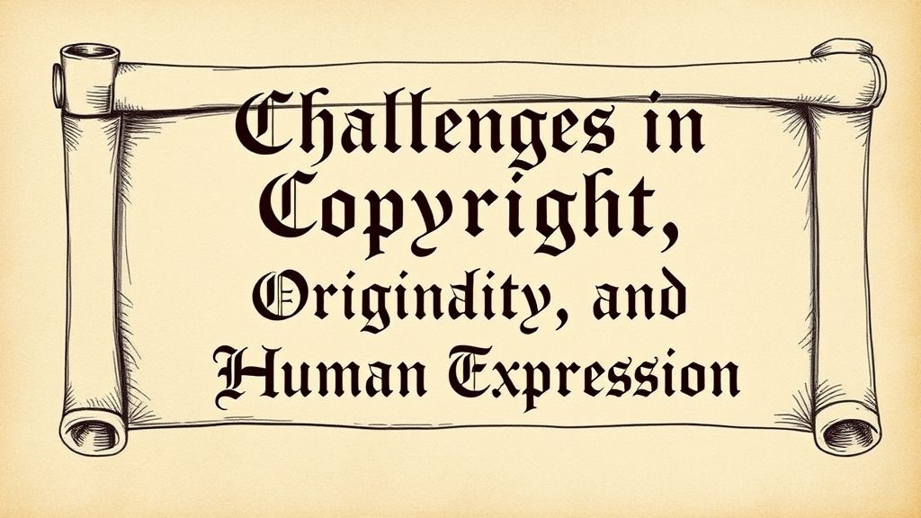 This image showcases a vintage, hand-drawn illustration of a vintage scroll with 'Challenges in Copyright, Originality, and Human Expression' inscribed in elegant calligraphy. The image evokes a sense of historical and intellectual significance.