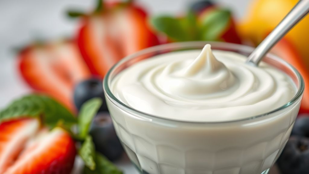 Close-up of creamy probiotic yogurt with fresh fruit in the background
