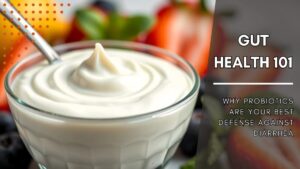 Young woman enjoying a bowl of probiotic yogurt with fruit on a sunny patio, representing gut health and well-being.