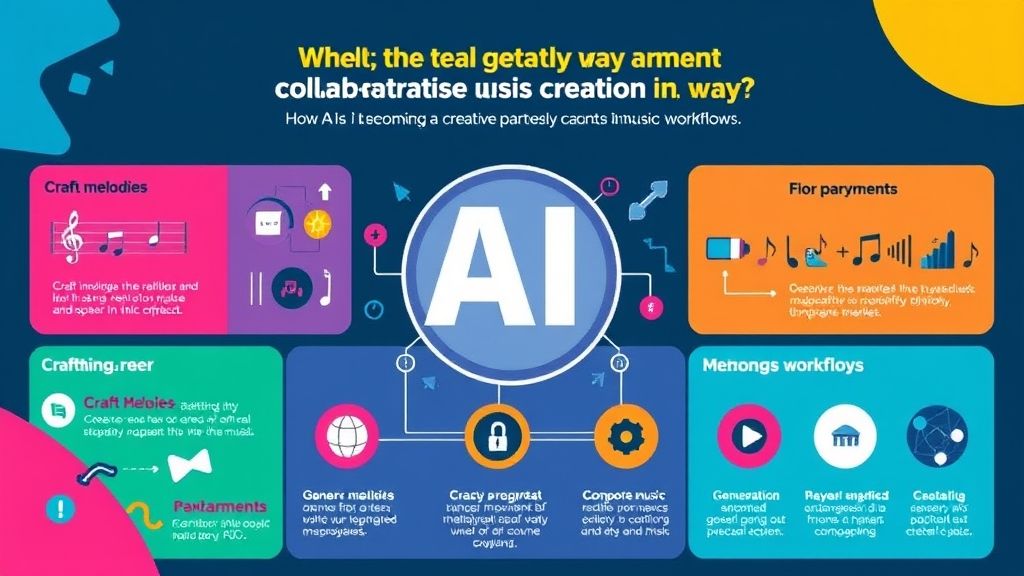 This image is a detailed infographic illustrating how AI is becoming a creative partner in music, with vibrant colors and a modern design. The infographic uses icons and visuals to represent key aspects of AI's role in music creation, such as composing melodies, generating harmonies, and assisting in music production.