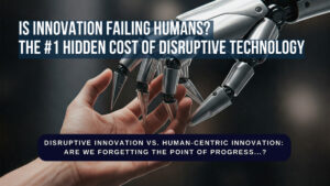 Sleek robotic hand reaching towards a struggling human hand, symbolizing the potential for disruptive technology and innovation to fail humanity.