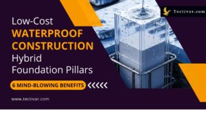 Cross-section illustration of a hybrid foundation pillars featuring an extruded PVC outer shells filled with cement, highlighting waterproof and low-cost construction methods.