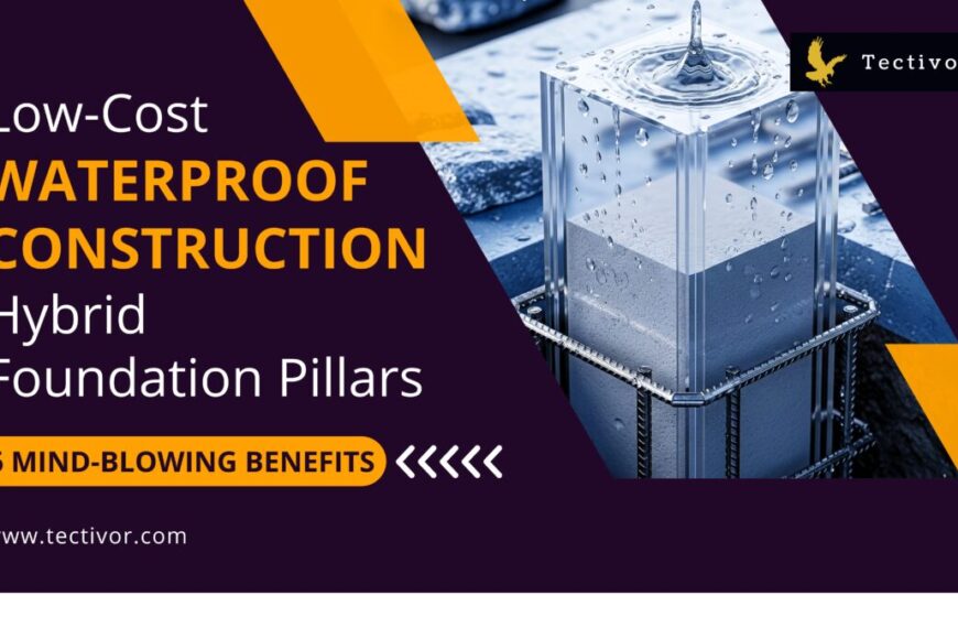 Cross-section illustration of a hybrid foundation pillars featuring an extruded PVC outer shells filled with cement, highlighting waterproof and low-cost construction methods.