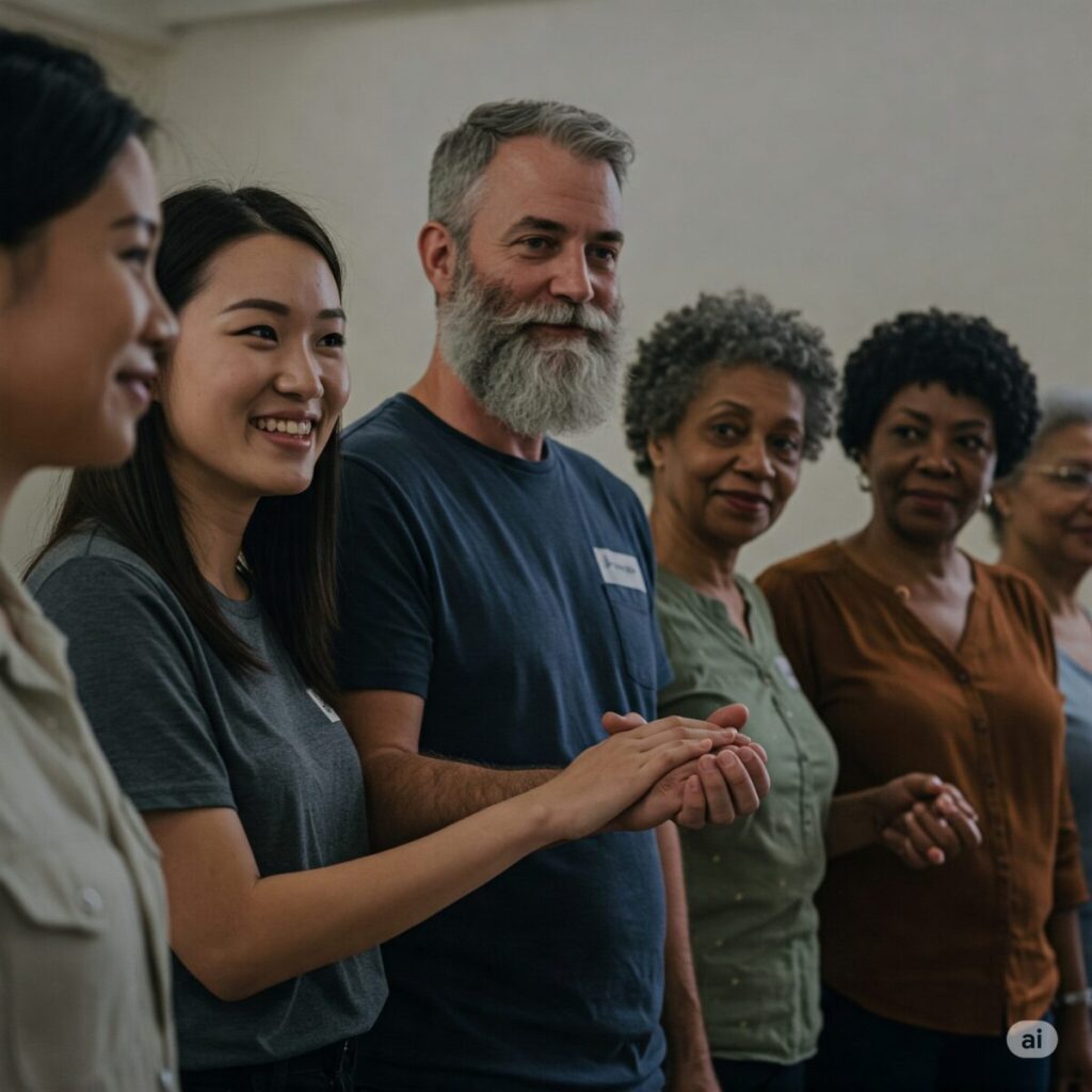 This image depicts a diverse group of people at a mental health awareness event, conveying community and support. I recommend inserting it after the section