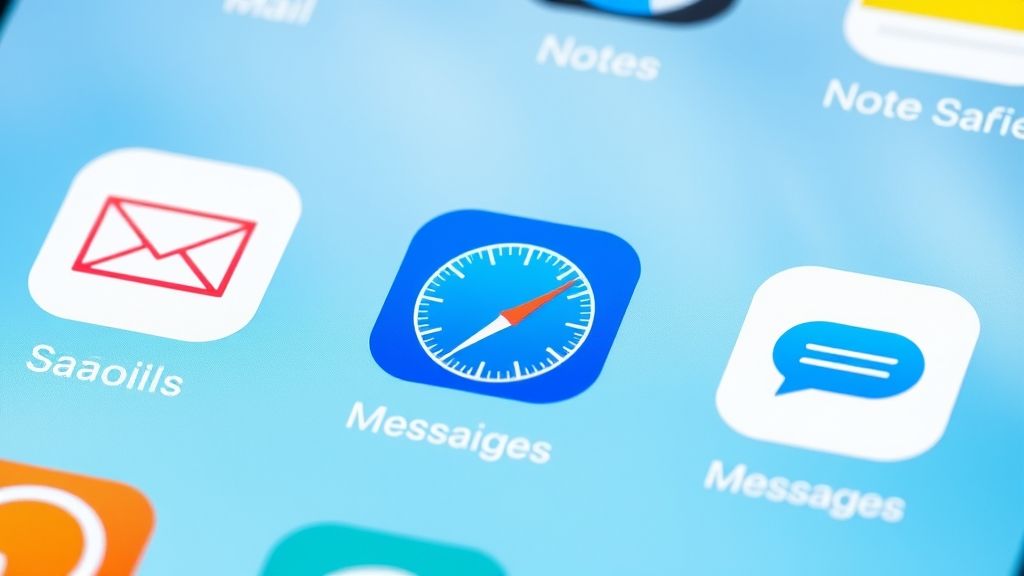 A clean and minimalist image showcasing the icons of several core Apple apps (like Mail, Notes, Safari, Messages) on an iPhone home screen. The focus should be on the consistent design language and intuitive layout of the iOS interface. Use a bright and inviting color palette.