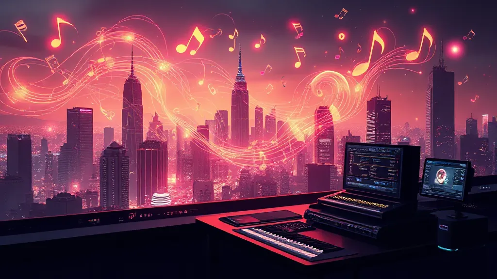 This is a stylized, high-contrast image of a futuristic cityscape with vibrant, glowing musical notes and abstract shapes swirling through the air. A sleek, AI-powered music studio is depicted in the foreground, emphasizing the possibilities of AI in music.