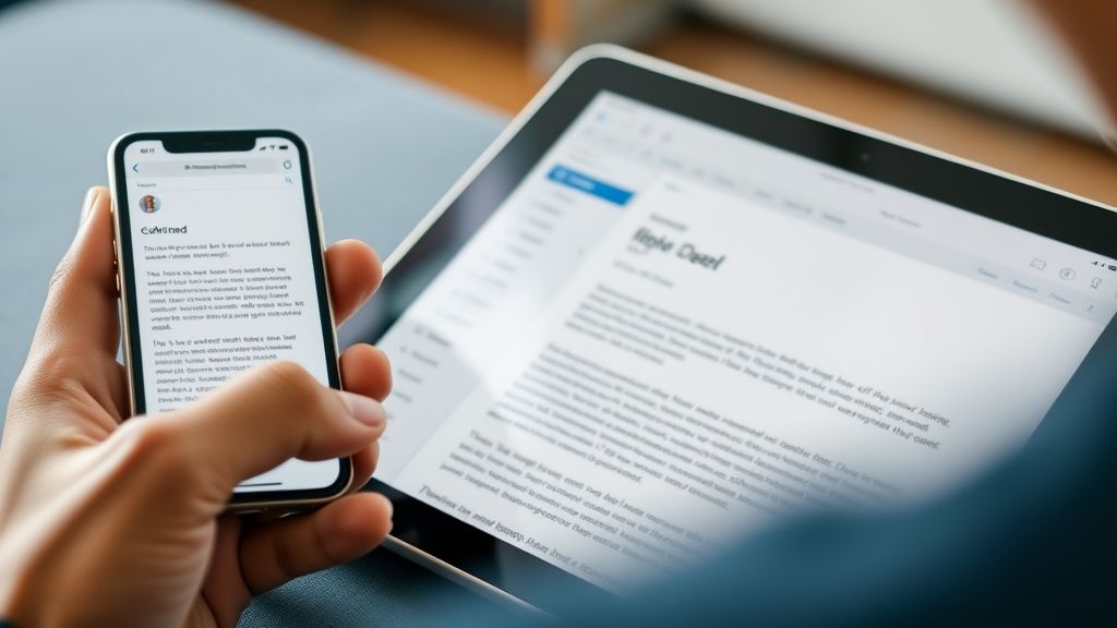 A close-up shot of a person seamlessly transitioning a task between an iPhone and an iPad. The iPhone screen could show an email being drafted, with the same draft open and being continued on the iPad screen. Focus on the continuity and ease of the transition. Use a shallow depth of field to emphasize the screens.