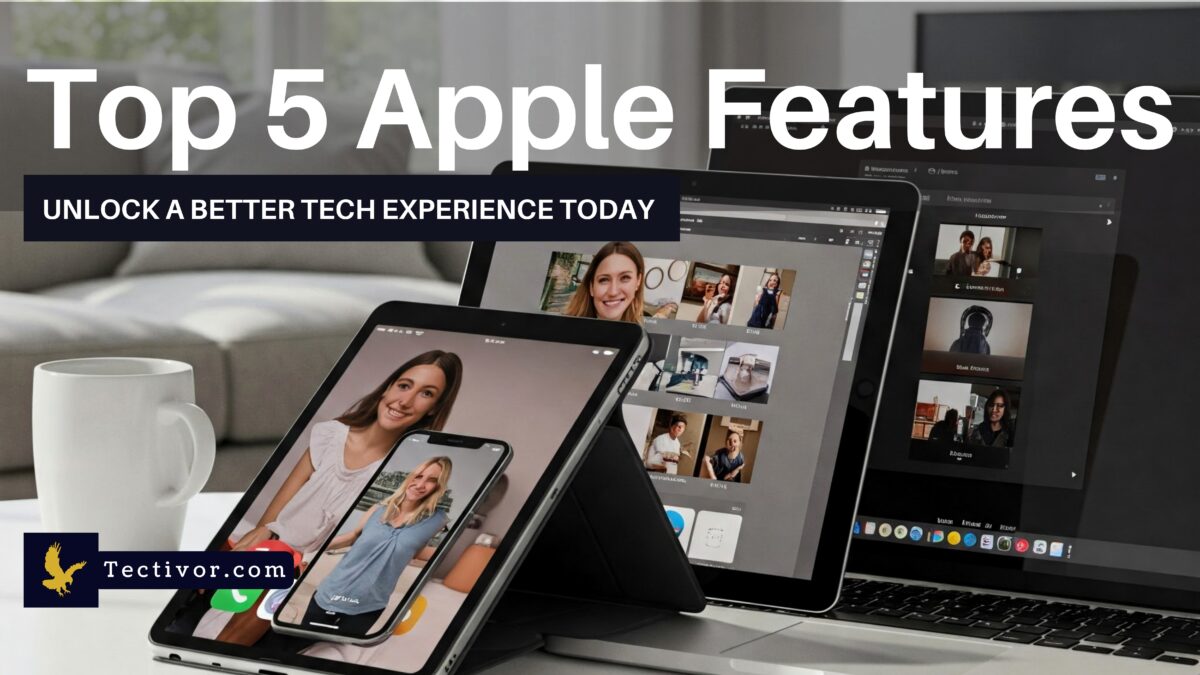 Apple ecosystem with iPhone, iPad, MacBook, and Apple Watch interacting seamlessly, emphasizing user-friendliness and privacy.