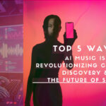 Futuristic AI DJ in a neon-lit studio representing the rise of AI music, music creation AI, and music discovery algorithms.