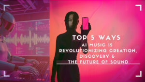 Futuristic AI DJ in a neon-lit studio representing the rise of AI music, music creation AI, and music discovery algorithms.