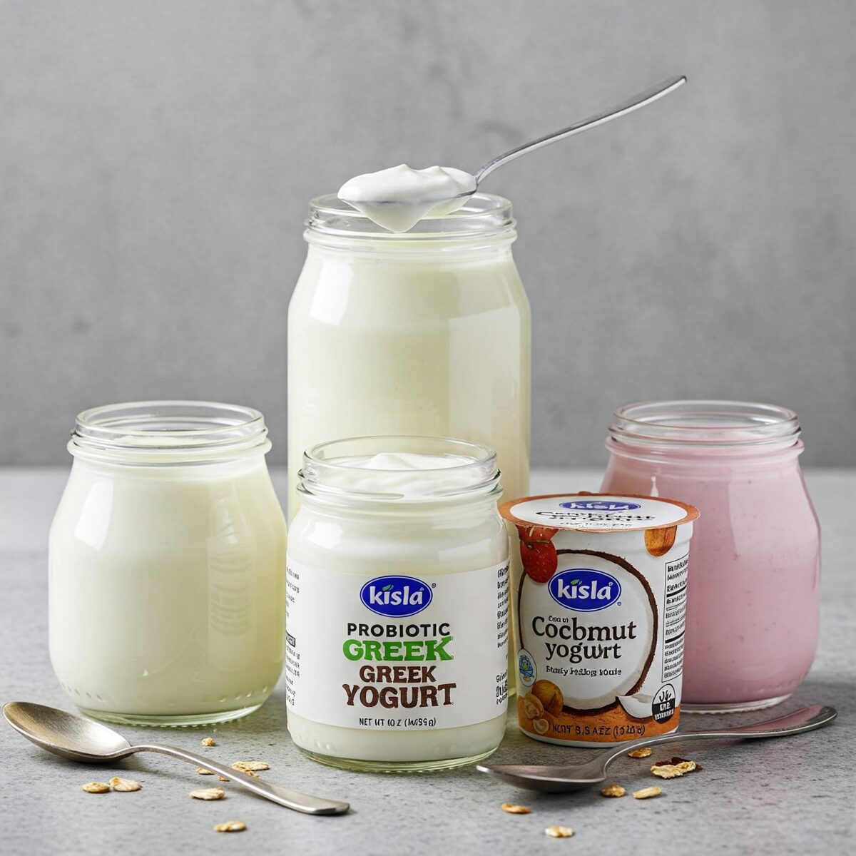 A studio shot showcasing a diverse selection of probiotic yogurts, including a creamy plain yogurt with a smooth texture, a thick and tangy Greek yogurt with a subtly sweet taste, and a vibrant dairy-free yogurt made with coconut milk and featuring a naturally sweet flavor. Each yogurt is presented in its own clear glass jar, allowing viewers to appreciate its texture and consistency. The yogurts are garnished with fresh fruit and granola, highlighting their versatility and deliciousness. The lighting is bright and natural, creating a clean and appetizing aesthetic for the photo. The image is taken at eye level, with a shallow depth of field that emphasizes the individual jars and the textures of the yogurts.