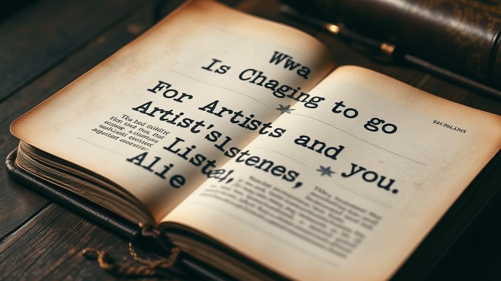 This is a detailed, high-quality, professional photograph depicting a typed article titled "What's Changing for Artists and Listeners Alike" on a page of a worn, leather-bound journal. The image captures a vintage aesthetic with rich, dark tones.