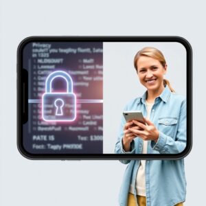A split image or a conceptual graphic representing digital privacy and security on an iPhone. One side could subtly show encrypted data or a lock icon, while the other side shows a happy, confident user holding their iPhone. The overall tone should be reassuring and highlight the protection of personal information.