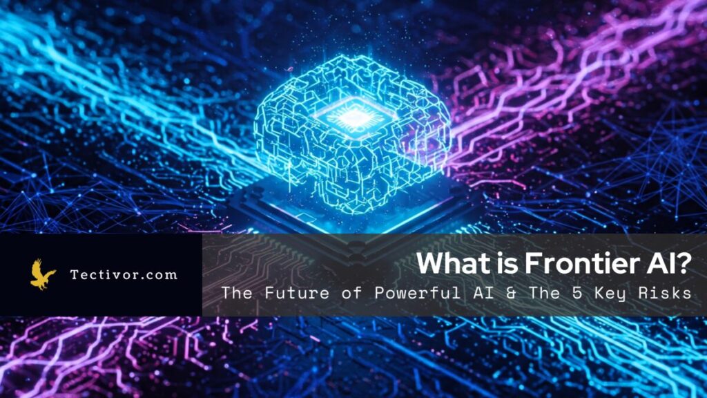 Abstract representation of Frontier AI neural networks and data flows, highlighting the complexity and power of advanced artificial intelligence requiring regulation.