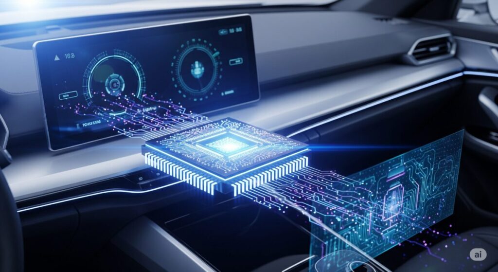 A high-performance automotive chip with glowing circuits integrated into a sleek, futuristic intelligent cockpit dashboard, symbolizing advanced computing power and data flow.
