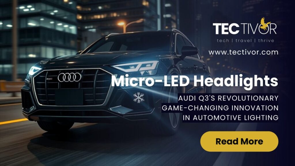 Audi Q3 driving at night using data-driven micro-LED headlights projecting road symbols with adaptive beam precision and digital micromirror technology
