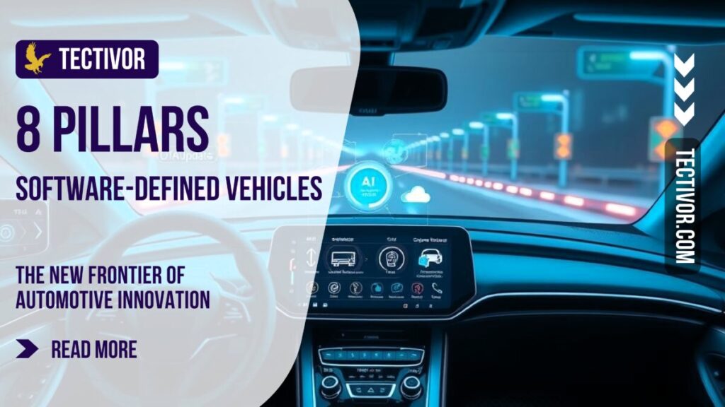 A modern Software-Defined Vehicles with holographic dashboard interfaces, showcasing advanced SDV technology, vehicle operating system, and future car software trends.